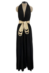 Documented 1981 Bill Tice Plunge Front Black & Gold Nylon Jersey Backless Halter Dress