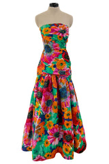 Prettiest Spring 1986 Arnold Scaasi Strapless Bright Floral Print Silk Dress