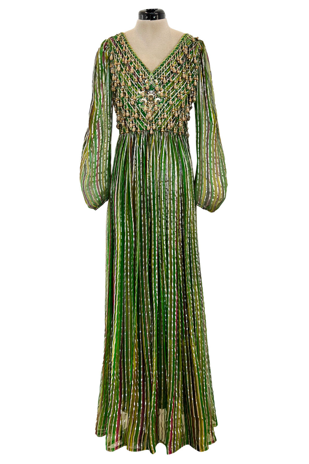 Gorgeous 1960s James Galanos Meticulously Pleated Black Silk Chiffon Dress w Elaborate Belt