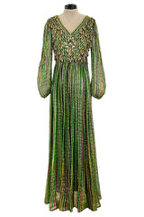 Exquisite 1960s James Galanos Metallic Green & Gold Silk Dress w Heavily Beaded Bodice