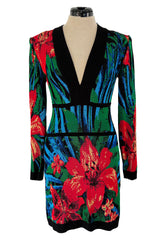 Stunning 2010s Balmain by Olivier Rousteing Huge Floral Print Front Plunge Knit Mini Dress