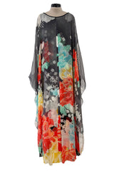 1970s Hanae Mori Silk Twill & Chiffon Caped Overlay Caftan Dress