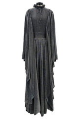 Spectacular 1970s Gina Fratini Metallic Deep Silver Lame Dress w Ruffle Collar & Angel Sleeves