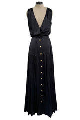 Spectacular 1990s Unlabeled Chanel by Karl Lagerfeld Black SIlk Dress w V Front & Logo Buttons