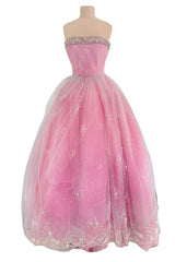 Prettiest 2000s Oscar de la Renta Strapless Pink Tulle Dress w Extensive Beadwork