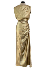 Iconic Fall 1991 Yves Saint Laurent Runway Slinky Gold Lame Dress w Gold Button Details