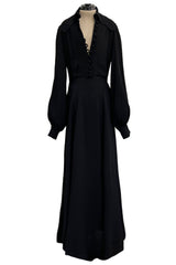 1969 Ossie Clark Bishop Sleeve Black Moss Crepe Dress w Button Front & Dog Ear Collar