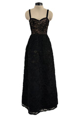 Elegant 1960s James Galanos Couture Black French Lace & Silk Cord Dress