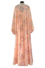 Incredible 1970s Hanae Mori Floral & Butterfly Peach Silk Chiffon Dress w Balloon Sleeves & Beading
