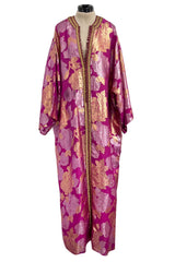Stunning 1970s Jean Louis Metallic Pink Gold & Silver Caftan Dress w Gold & Pink Braiding