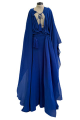 Superb Spring 2013 Yves Saint Laurent Hedi Slimane Debut Runway Blue Dress Silk Chiffon w Matching Cape & Sash