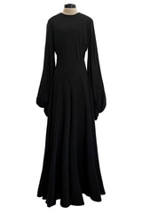 Exceptional 1970s George Stavropoulos Couture Black Silk & Bias Cut Dress w Balloon Sleeves & Flowing Skirt