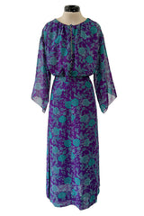 1976 Christian Dior by Marc Bohan Printed Purple & Turquoise Silk Chiffon Skirt & Jacket Set