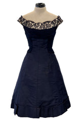 Elegant 1950s Jobere New York Deep Blue Silk & Silk Chiffon Dress w Lace Detailing