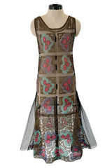 Intricate 1920s Unlabeled Gold Metallic Lame Thread & Sequin on Black Silk Net Flapper Dress