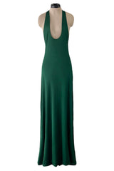 Sexiest 1974 Halston Couture Deep Green Silk Jersey Backless Dress w Front Plunge & Long Ties