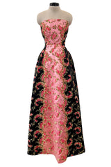 Dreamy 1960s Unlabeled Strapless Black Dress w Front Pink Panel & Floral Embroidery