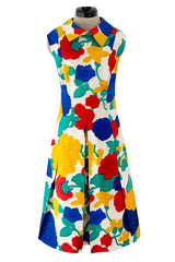 Happiest 1960s James Galanos Bright Floral Print Silk Dress w Pleated Skirt & Rounded Collar