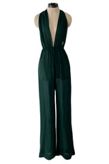 Incredible circa 1973 Halston Couture Green Silk Chiffon Backless & Plunging FrontJumpsuit