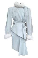 Ultra Rare Fall 1986 Thierry Mugler Ad / Runway Pale Ice Blue Suit w Faux Fur Cuffs & Collar
