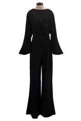 Minimalist Vintage Thierry Mugler Black Wide Legged Jumpsuit w Wrapped Front Detail & Flared Sleeves