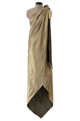 Rare Halston 1976 Couture One Shoulder Gold Metallic Lame Sarong Dress
