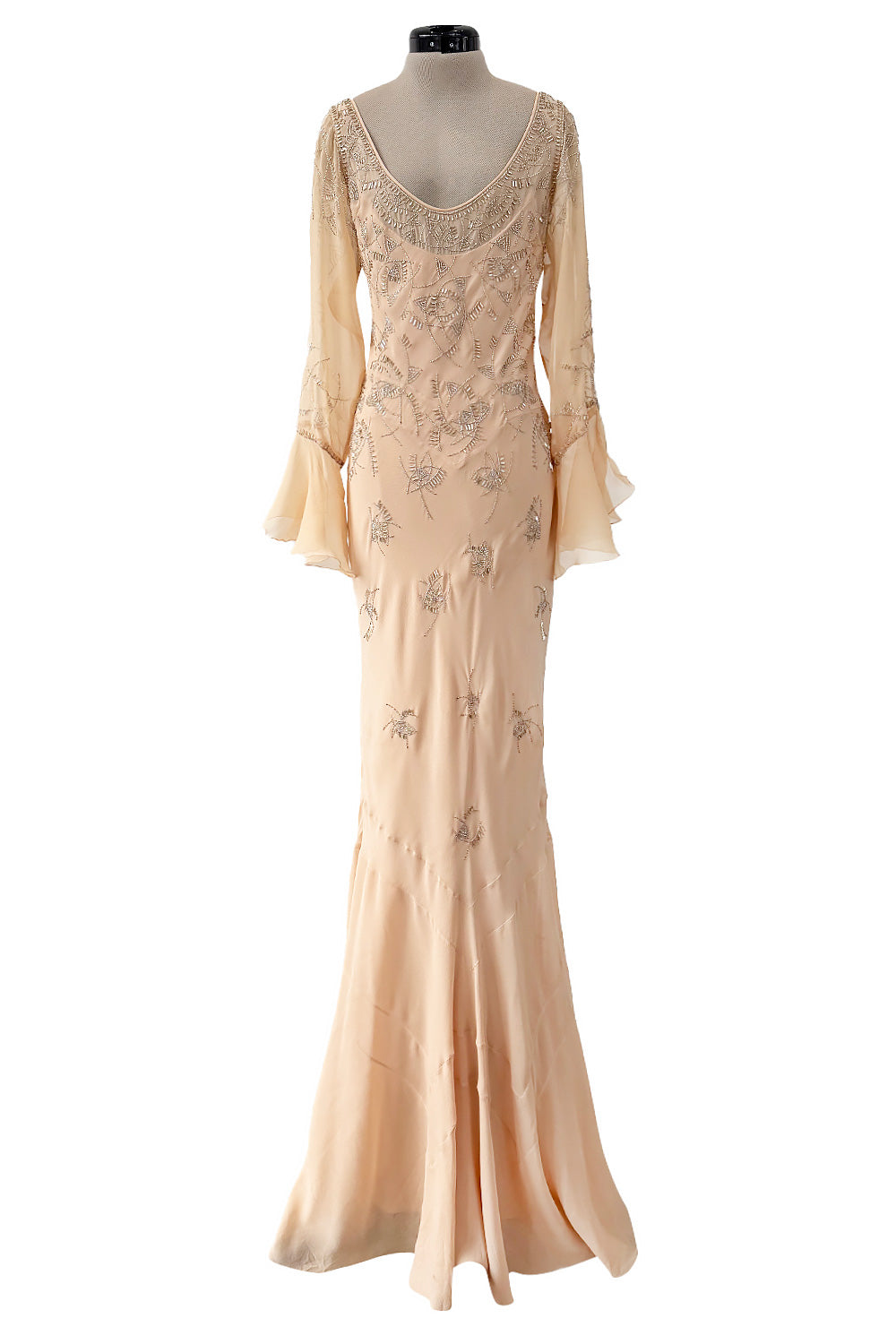 2000s Christian Dior by John Galliano Peach Silk Chiffon & Silver Bead Shrimpton Couture 2000s Christian Dior by John Galliano Peach Silk Chiffon & Silver Bead Shrimpton Couture