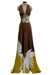 Phenomenal Spring 2005 Original Valentino Runway Look 56 Brown Yellow Floral Print Halter Dress w Sequin Waist Band