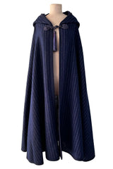 Fabulous Fall 1976 Yves Saint Laurent Striped Blue Wool Knee Length Cape w Hood & Tassel Detailing