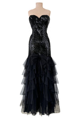 Incredible 1976-1978 Loris Azzaro Strapless Glossy Black Sequin Dress wLayered Net Tulle Skirt