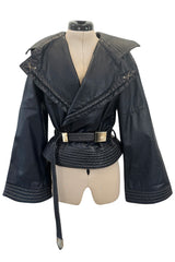 Fall 1982 Gianfranco Ferre Runway Black Blue Wrap Leather Jacket w Wide Sleeves & Huge Collar