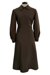 Elegant 1970s Madame Gres Haute Couture Chocolate Brown Day Dress w Full Sleeves & Collar
