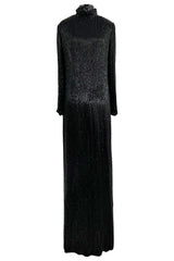 Incredible Fall 1975 John Anthony Glossy Black Completely Hand Beaded Runway Sample Dress