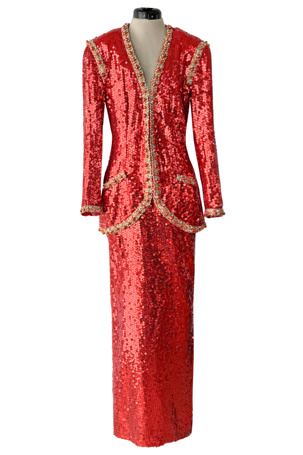 Bright Red 1980s Balenciaga Le Dix Sequin Jacket & Skirt Suit w Gold B –  Shrimpton Couture