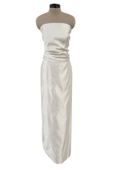 Minimalist 1990s Givenchy Silver Undertone Ivory Strapless Silk Dress w Back Gathering & Shawl