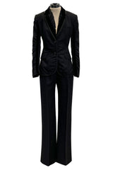 Chic Fall 2002 Yves Saint Laurent by Tom Ford Black Pant Suit w Velvet Trim & Curved Sleeves
