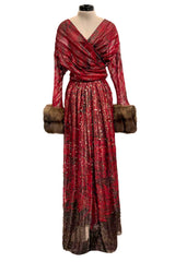 Incredible Fall 1979 Bill Blass Couture Red Silk Chiffon Dress w Gold Sequins & Mink Cuffs