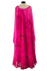 Dreamy 1970s Hanae Mori Pink Layered Bias Cut Silk Chiffon Caftan Dress w Floral Print