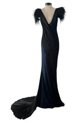 Resort 2008 Nina Ricci by Olivier Theyskens Runway Look 28 Bias Cut Blue & Black Dress w Feather Detailing & Train