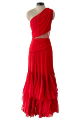 Fantastic 1980s Valentino Red Silk One Shoulder Dress w Net Inset & Finely Pleated Ruffled Skirt