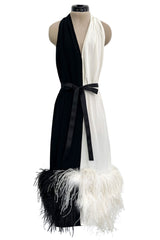 1960s Harold Levine Glamorous High Contrast Black & White Dress w Feather Hem