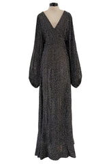 Fabulous 1970s Ossie Clark Metallic Silver & Black Lurex Knit Lame Plunge Dress