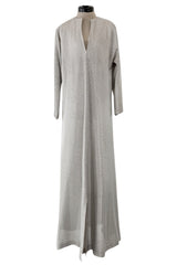 Fantastic 1970s Halston Metallic Silver Lame Lurex Full Length Caftan Dress w Notched Neckline