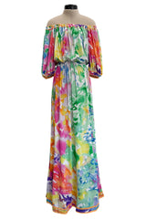 Prettiest 1970s Leonard Washed Floral Pastel Print Silk JerseyEasy -to-Wear Elastic Off Shoulder Dress