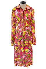 Prettiest 1960s Emilio Pucci Original Pink Silk Jersey Dress w Lattice Flower & Leaf Print