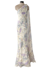 Gorgeous Fall 2003 Ungaro by Giambattista Valli One Shoulder Printed Silk Chiffon Dress w Trailing Panel