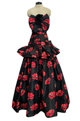 Specatacualr circa 1995 Nina Ricci Demi-Couture Strapless Floral Silk Taffeta Dress w Bow Detailing
