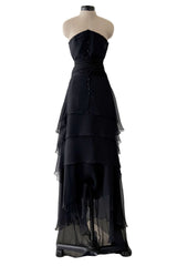 1980s Chanel by Karl Lagerfeld Strapless Black Tiered Silk Chiffon Dress