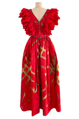 Rare Fall 1981 Fabrice Simon Couture Hand Painted Red & Gold Skirt & Top Dress Set