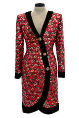 Spectacular Fall 1990 Givenchy Red Silk Organza Button Dress w Sequins & Velvet Trim &